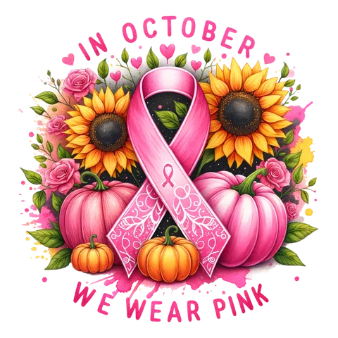 IN OCTOBER WE WEAR PINK SUNFLOWERS AND PUMPKINS PNG