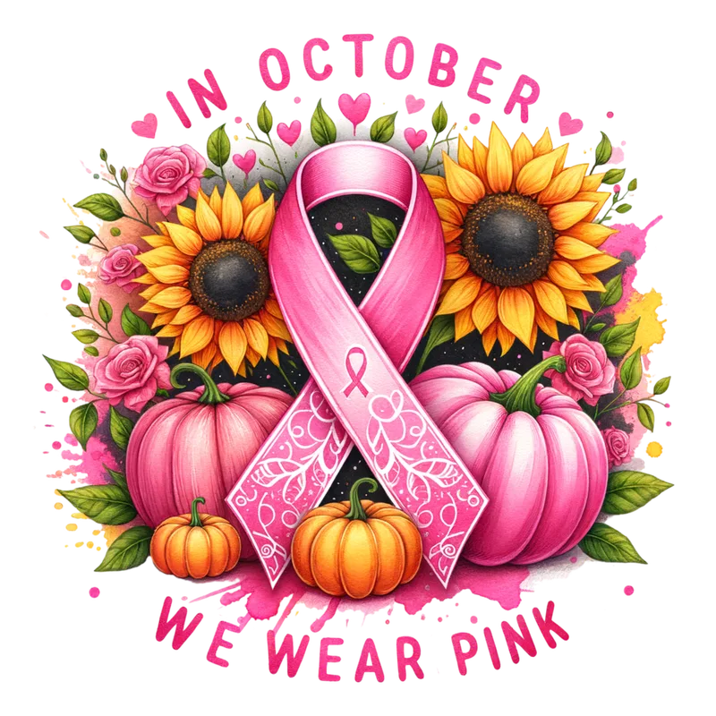 IN OCTOBER WE WEAR PINK SUNFLOWERS AND PUMPKINS PNG